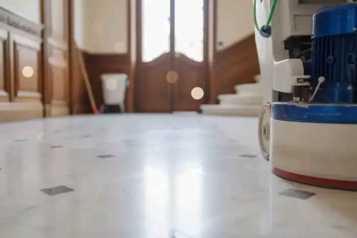 Ponceuse en action pour la rénovation d'un sol en marbre à Paris 18ème